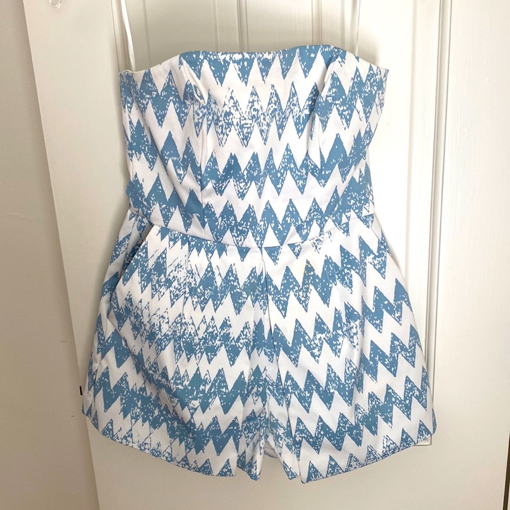 1. State strapless romper with pockets, white and blue, size 0